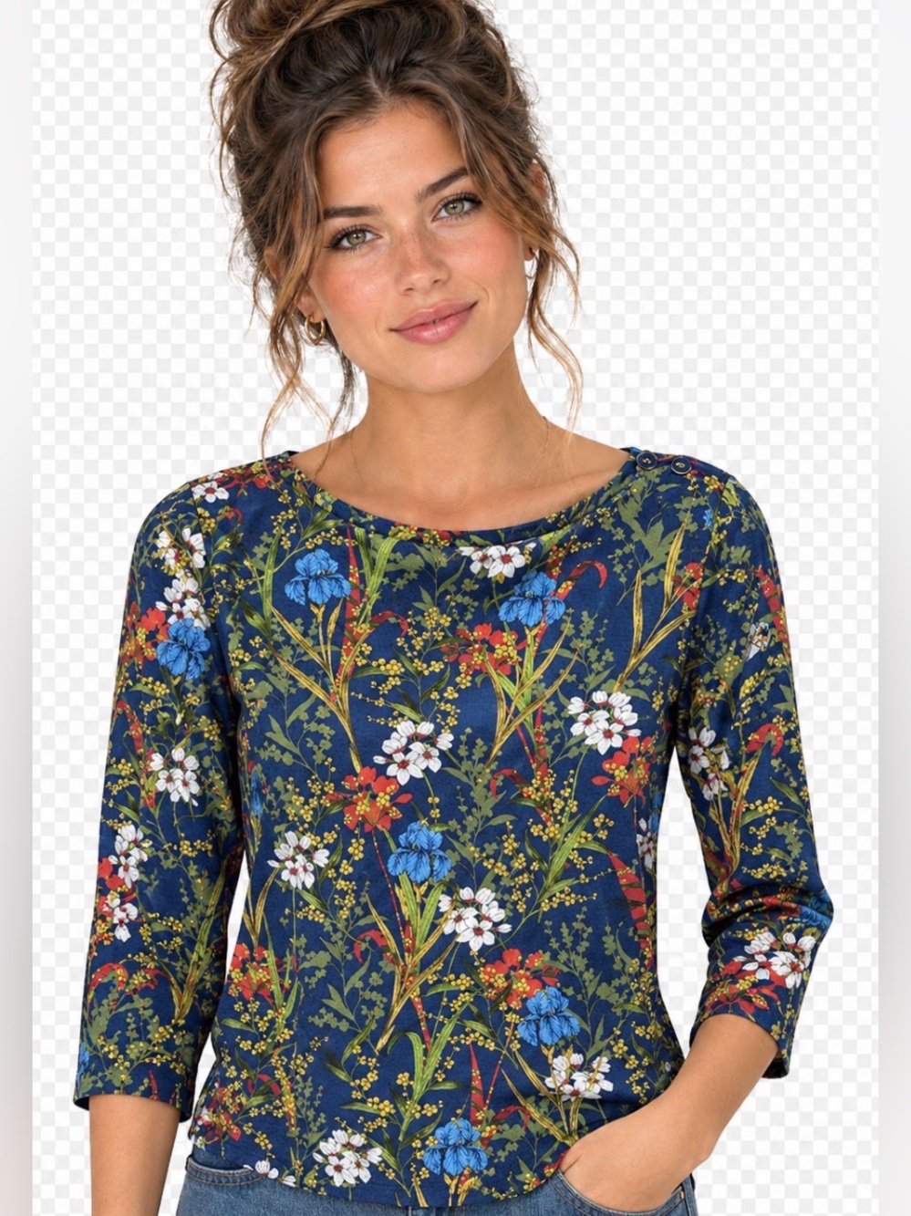 J. McLaughlin Catalina Blue Floral Nautical Boat Neck 3/4 Sleeves Top Size S